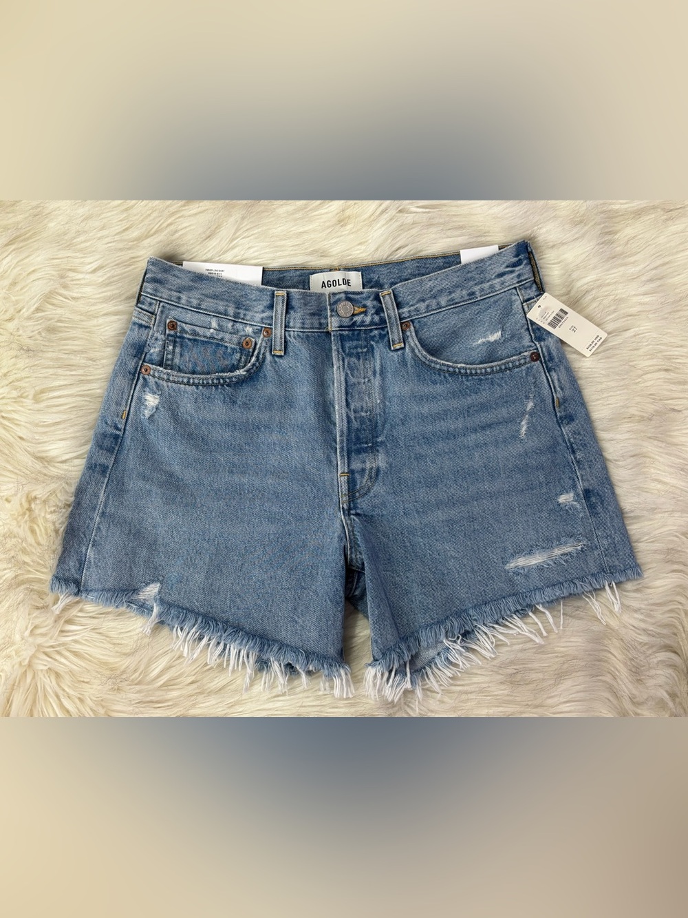 NWT Agolde Parker Long Swapmeet Light Blue Distressed Denim Cutoff Shorts SZ 27 - Picture 10 of 16